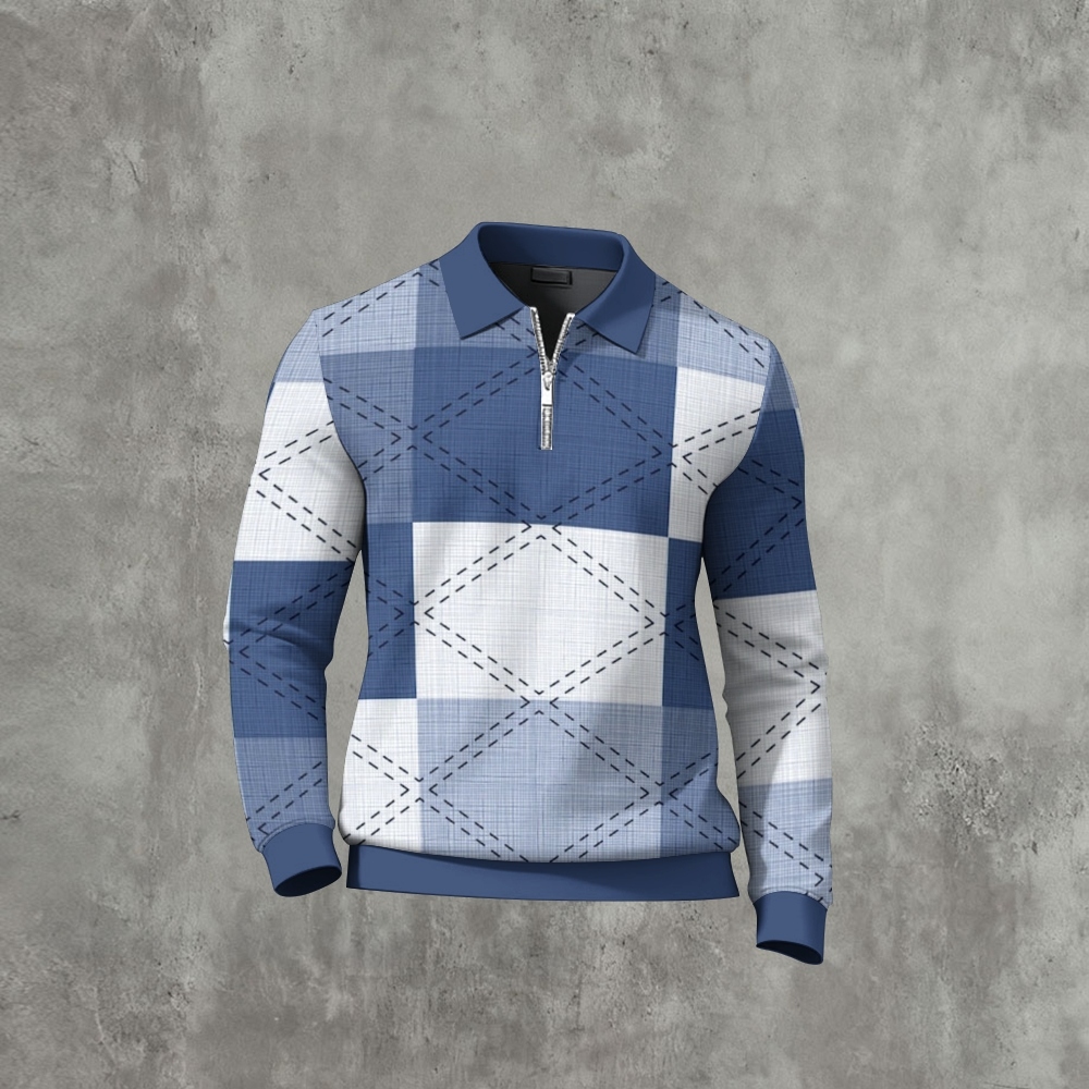 Men's Casual Color Matching Printed Polo-Collar Zipper Long Sleeved Shirt