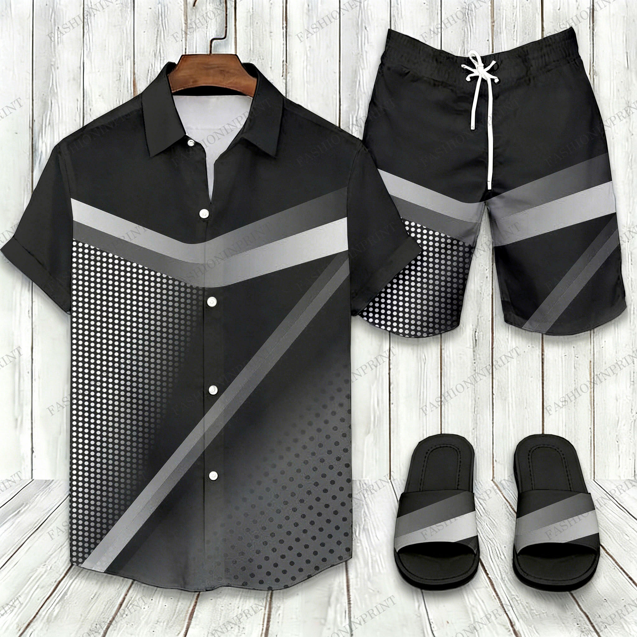 Men's Casual Color Matching Hawaii Print Short-Sleeve Shirt & Shorts & Slippers Three - Piece Set