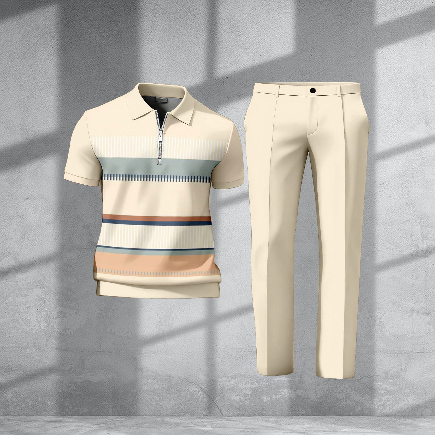 Men's Casual Apricot & Multi Color Matching Striped Printed Short Sleeved Zipper Polo Shirt & Trousers Two-Piece Set