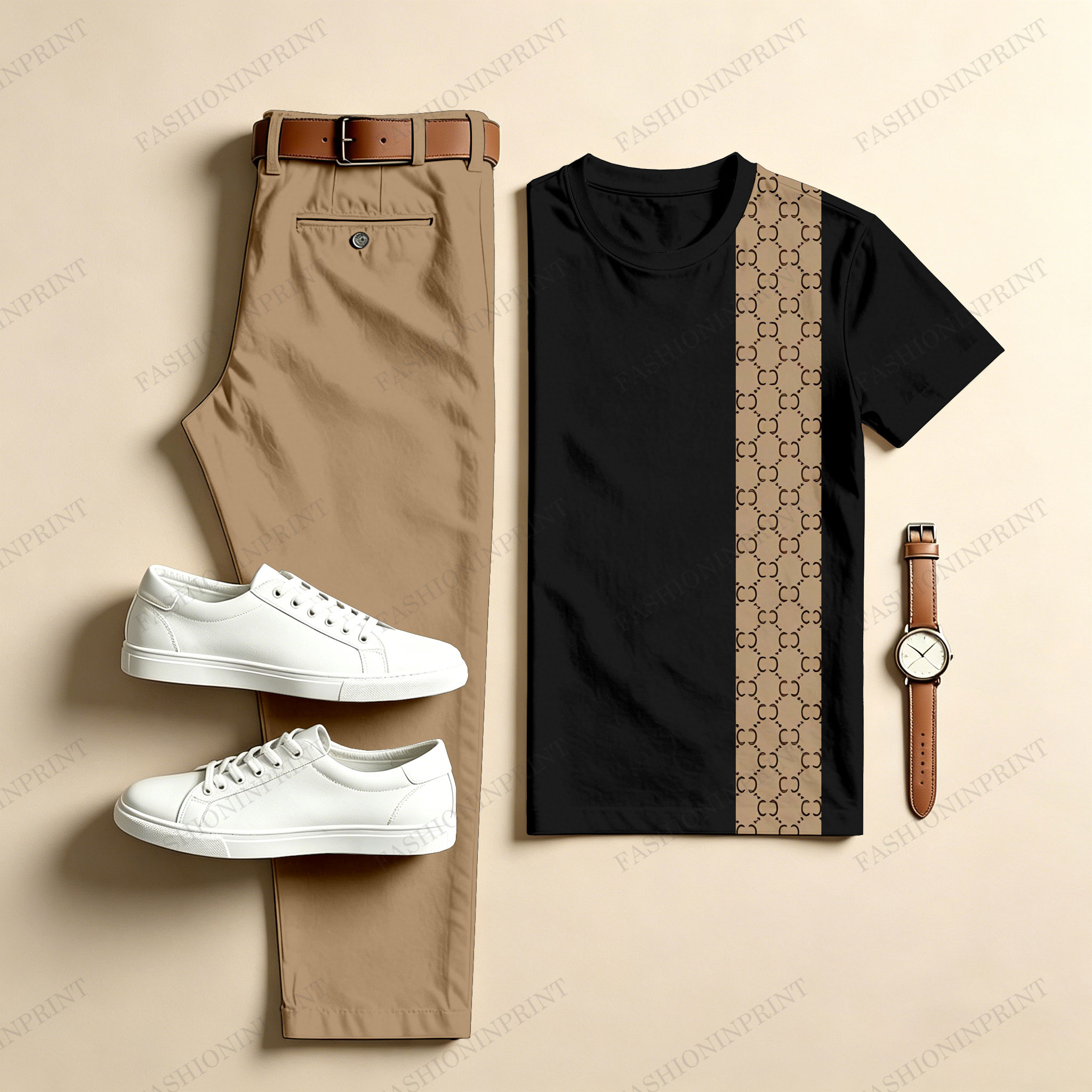 Men's Casual Two-Piece Set: Printed Crew Neck Short-Sleeve Top & Long Pants