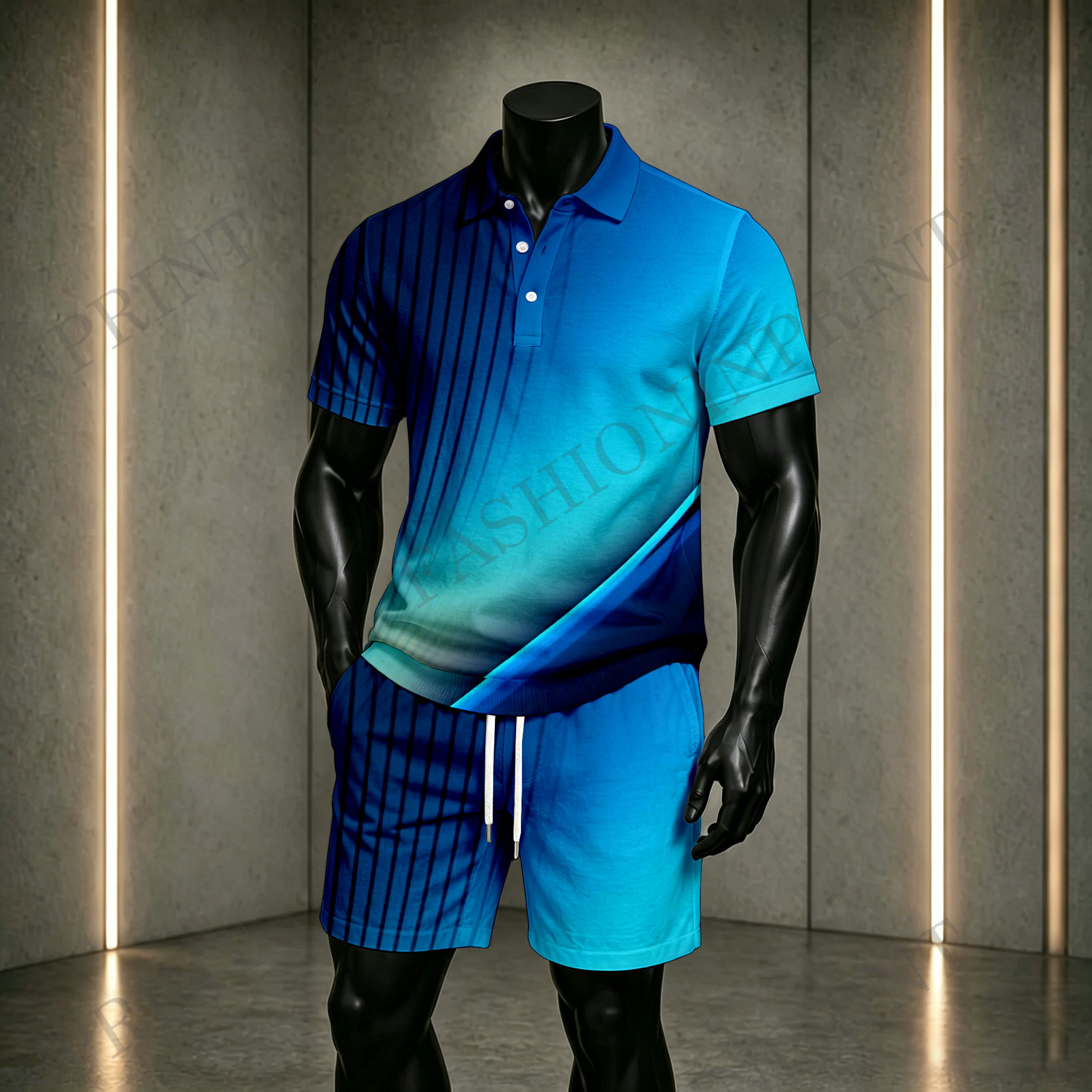 Men's Casual Blue Light Color Matching Printed Short Sleeved Zipper Polo Shirt & Shorts Two-Piece Set