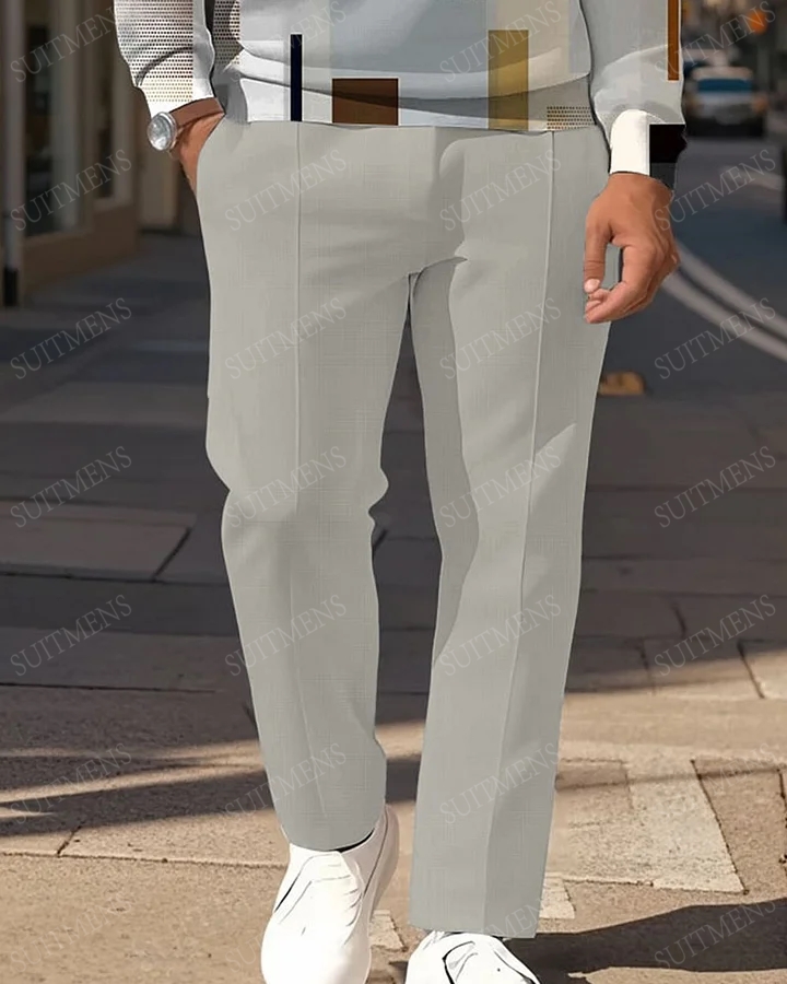 Men's Gray Geometric Stripe Print POLO Long Sleeve Trousers Two-Piece Set