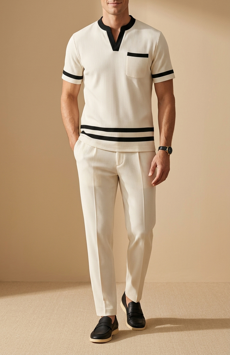 Men's Casual Beige & Black Color Matching Short Sleeved Henry Collar T-Shirt & Trousers Two-Piece Set