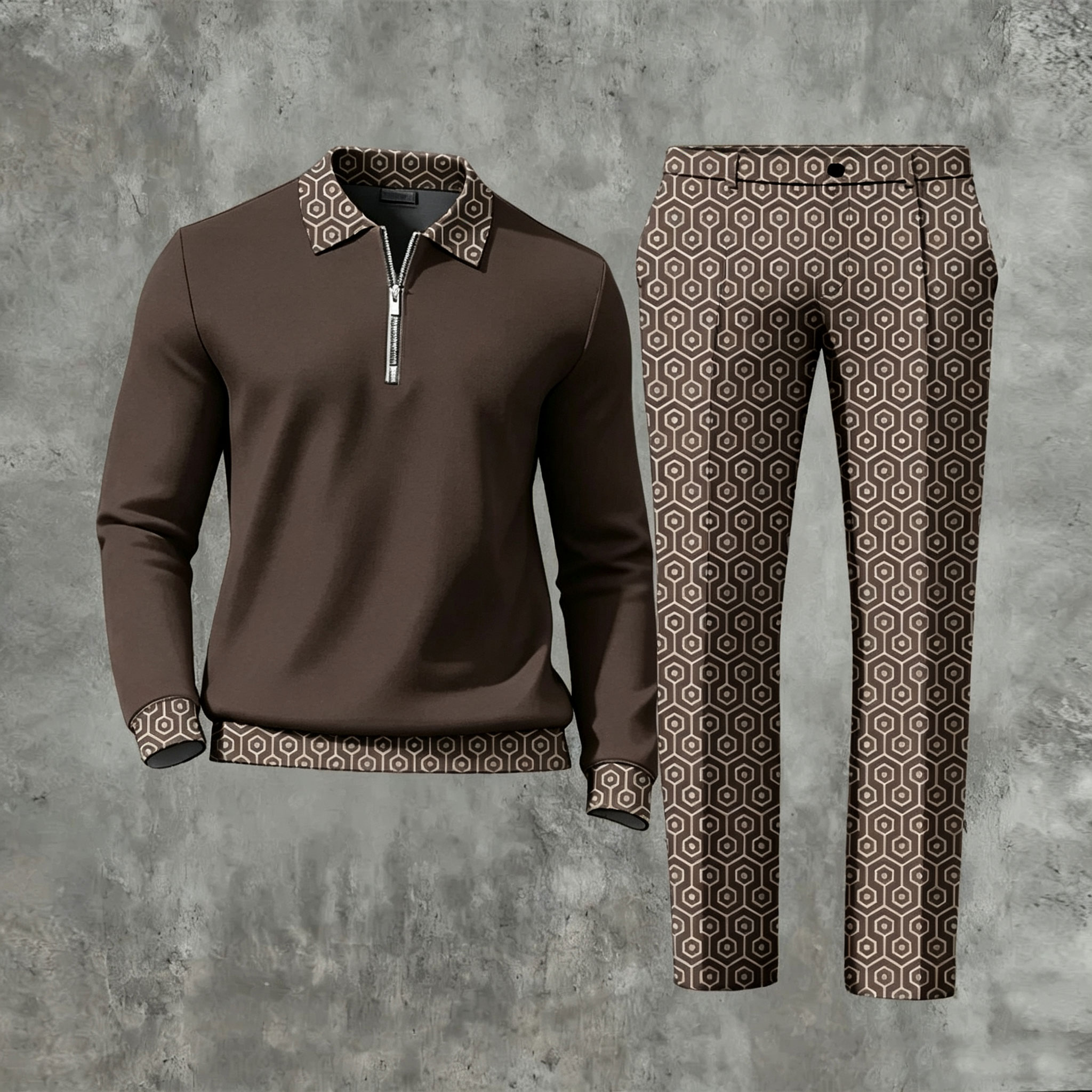 Men's Casual Color Matching Printed Polo-Collar Zipper Long Sleeved Trousers Two-Piece Set 1120
