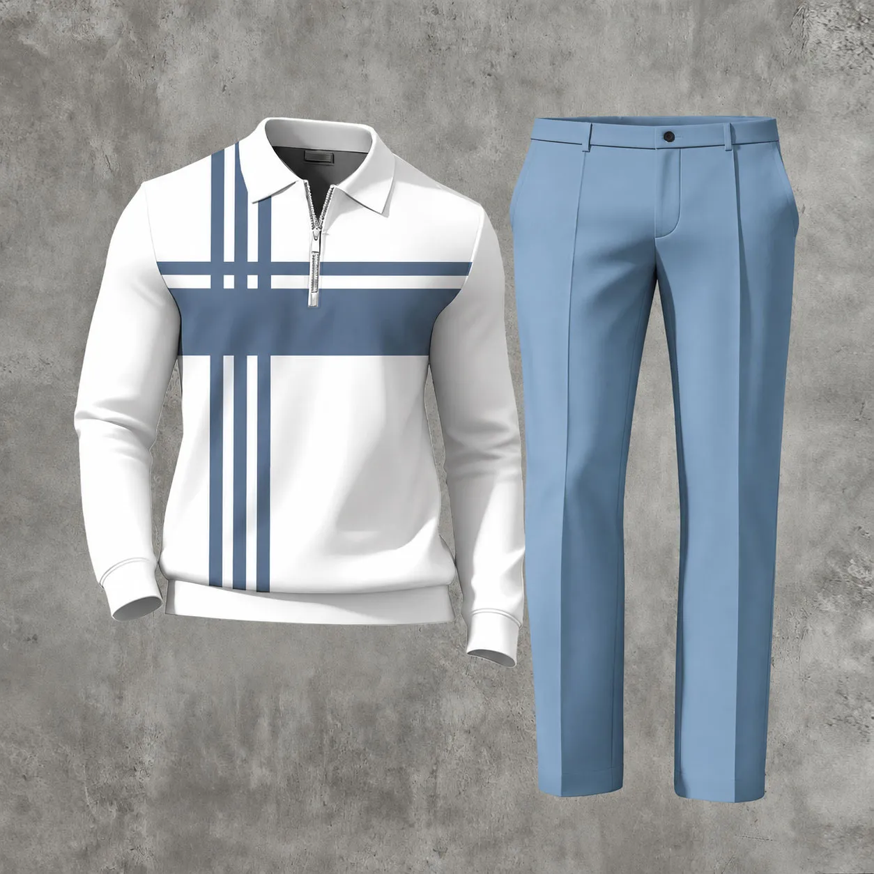 Men's Casual Maroon & White Color Matching Striped Printed Polo-Collar Zipper Long Sleeved Trousers Two-Piece Set