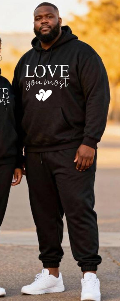 Big & Tall Couples "love You Most" Love Slogan Printed Hoodie Set