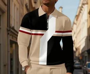 Men's Casual Colorblock Long Sleeve Zip-Up Polo Shirt and Pant Set