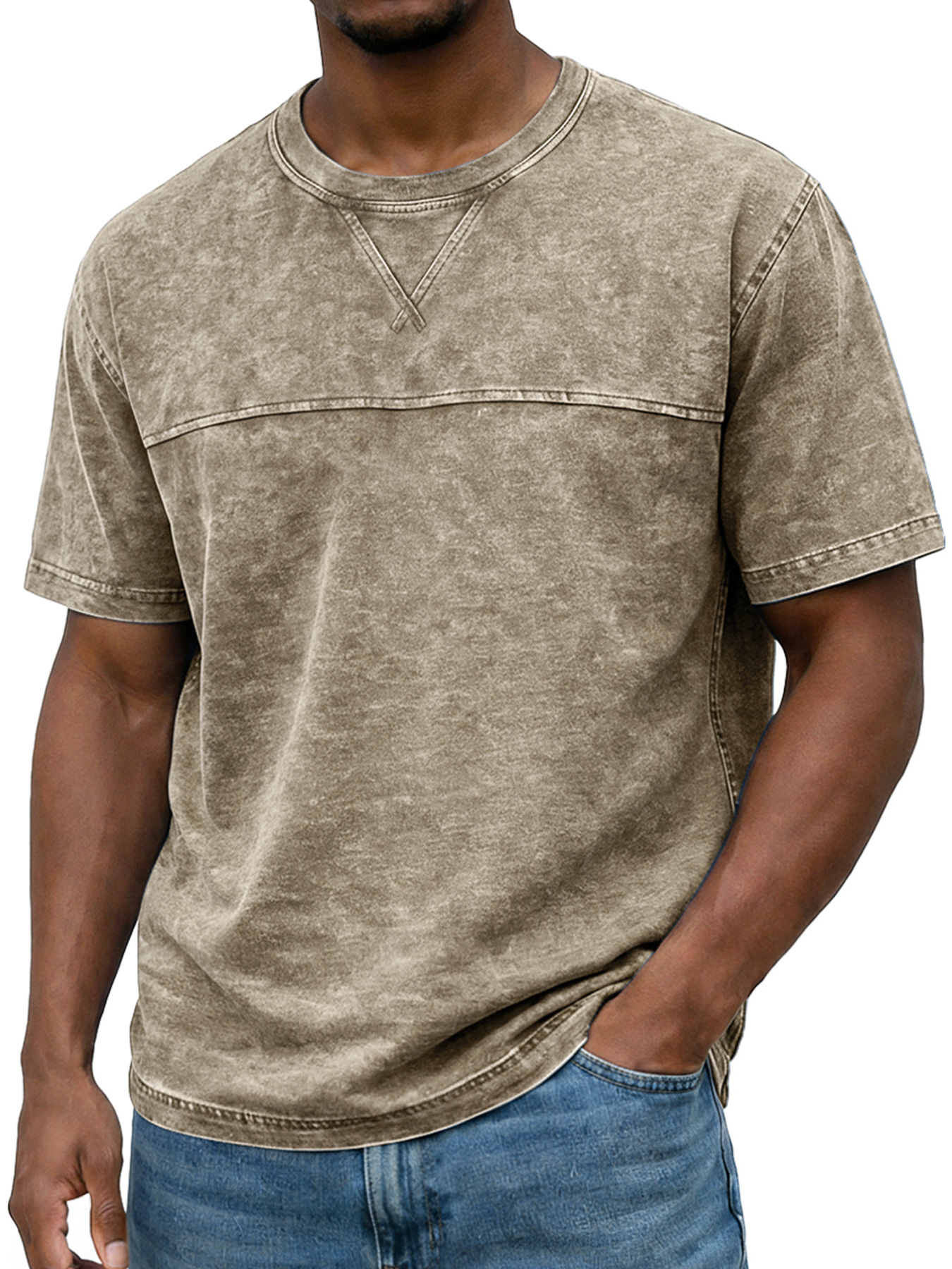 Men's Vintage Round Neck Short-sleeved T-shirt With Contrasting Stitching Design
