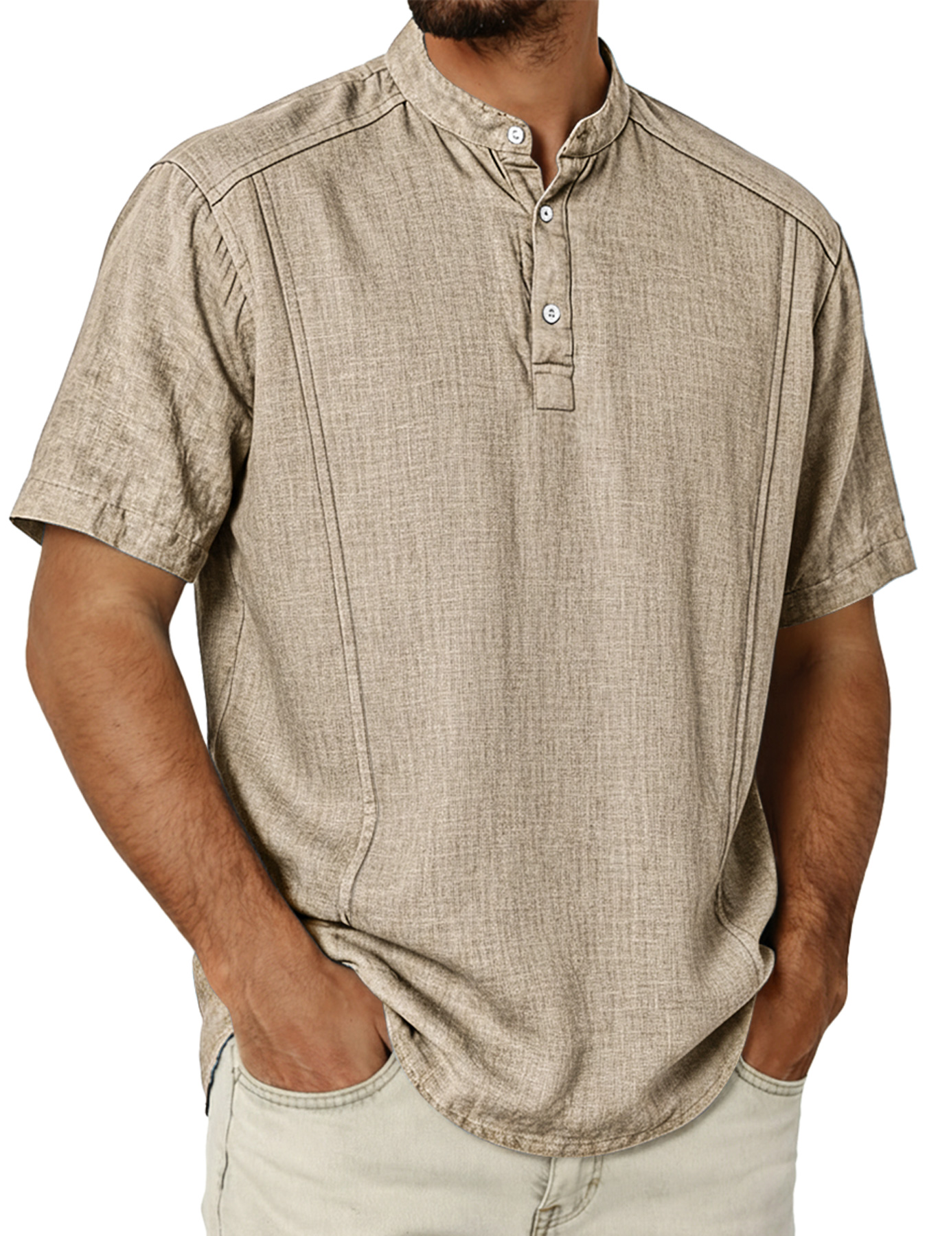 Men's Cotton And Linen Deconstructed Design Casual And Comfortable Short-sleeved Henley Shirt
