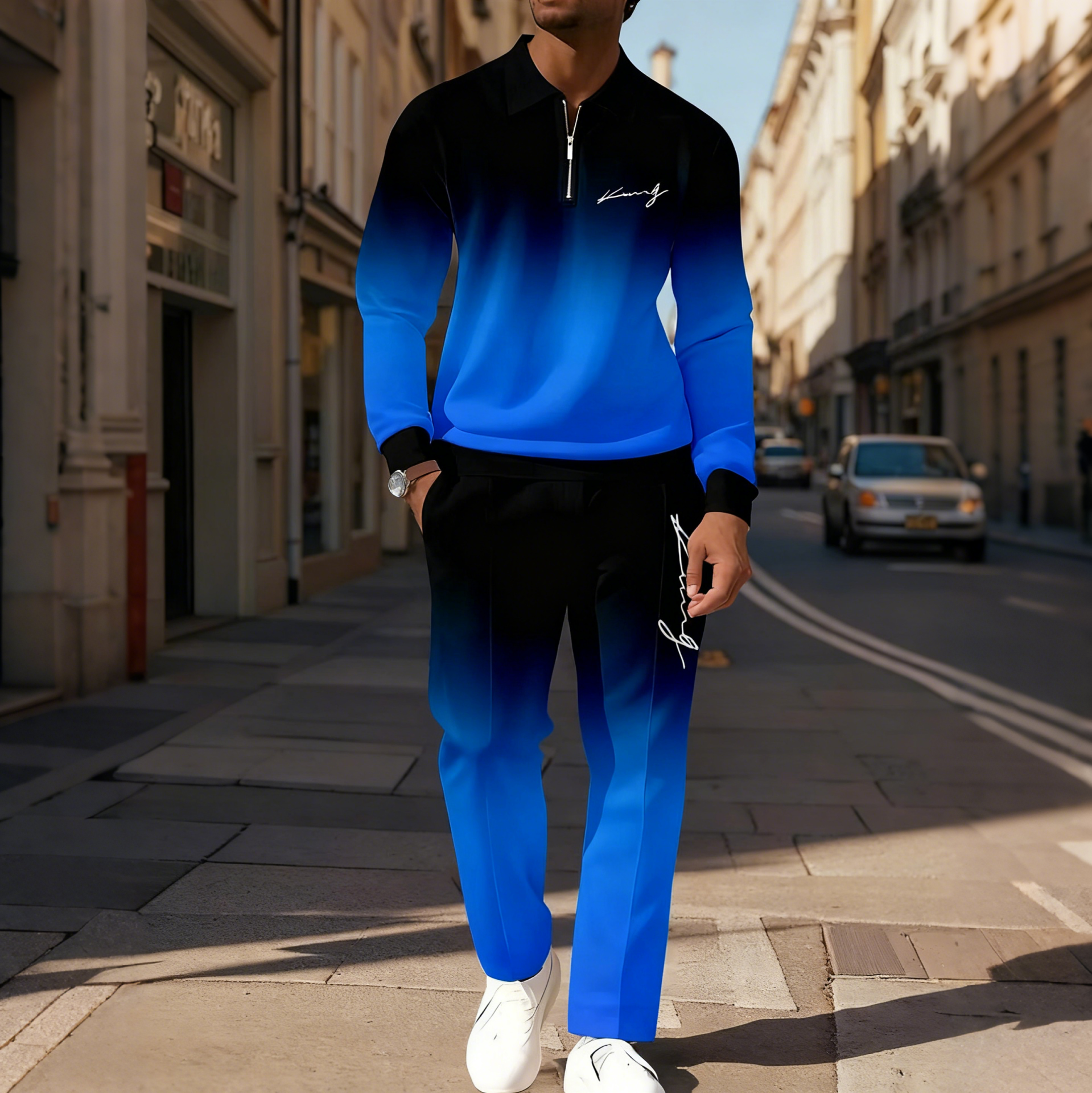 Men's Casual Colorblock Personalized Long Sleeve Polo Shirt Set 005