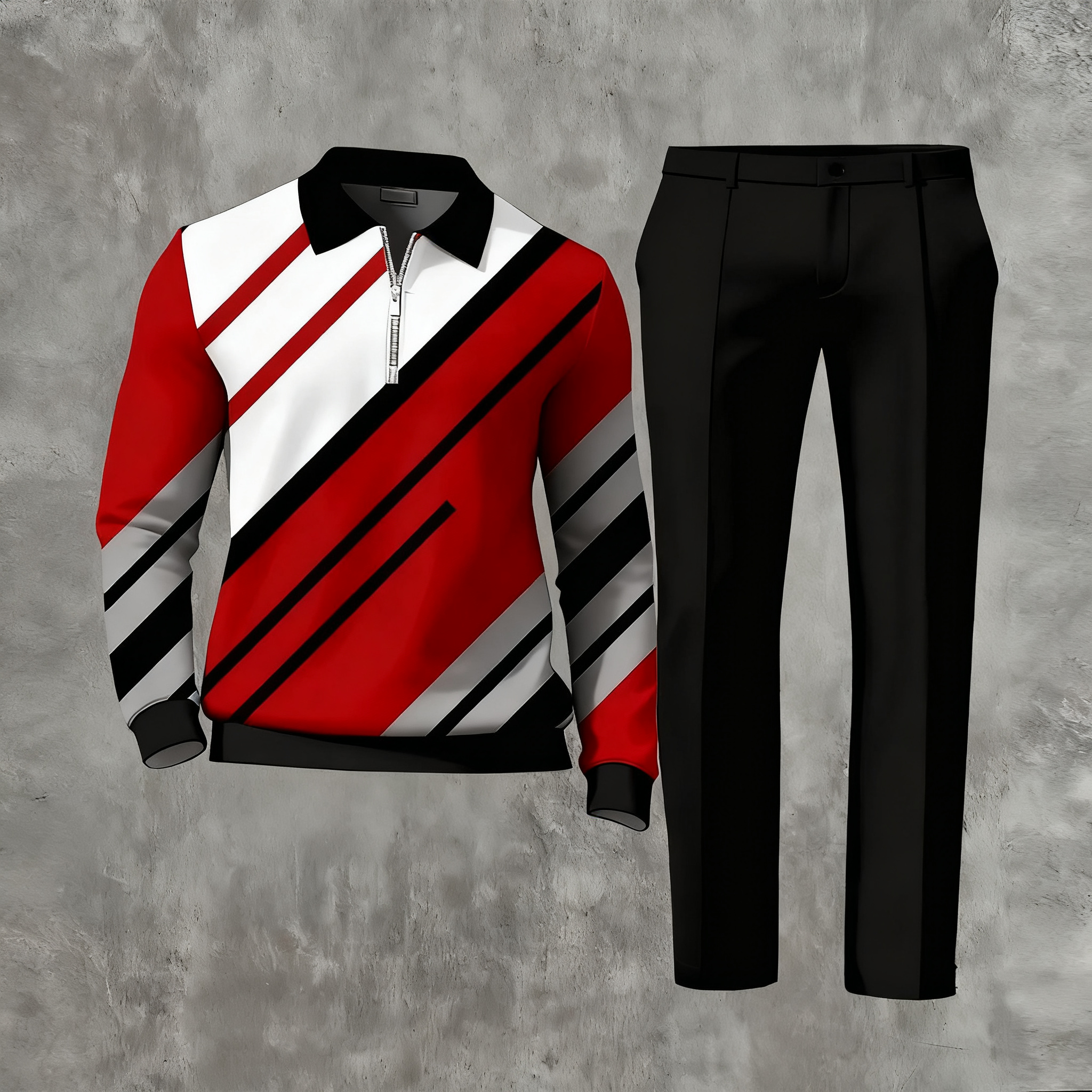 Men's Matching Printed Polo-Collar Zipper Long Sleeved Trousers Two-Piece Set