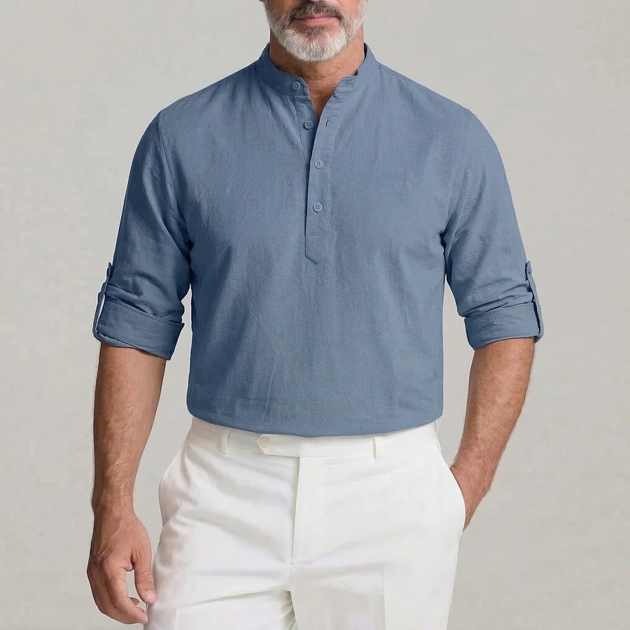 Men's Solid Color Stand Collar Half Placket Roll Tab Misty Blue Long Sleeve Shirt