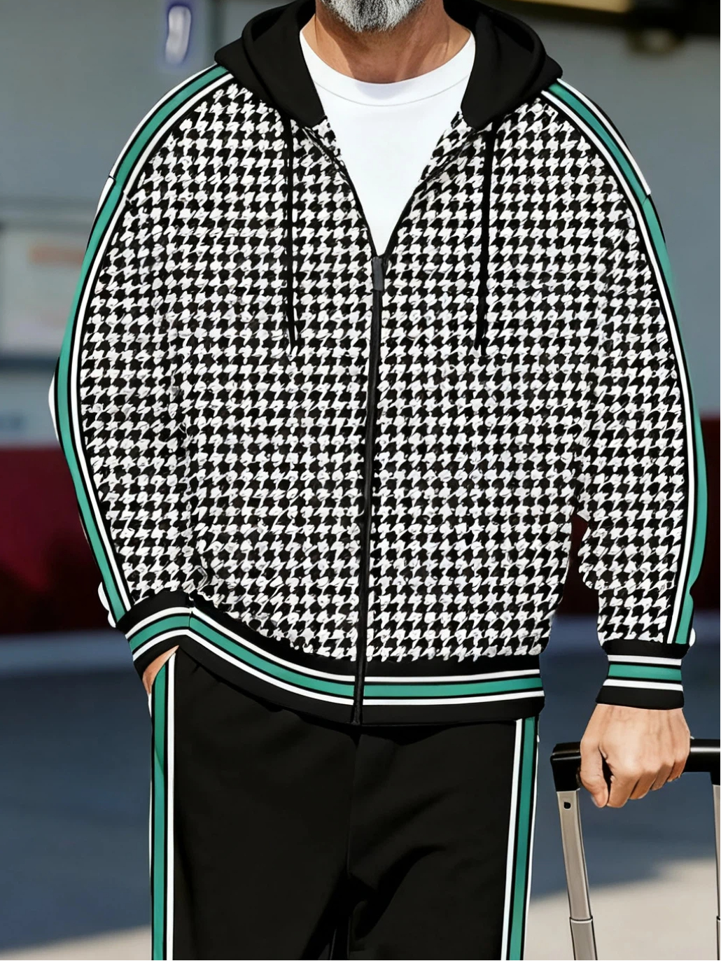 Men's Retro Luxury Thickened Fleece Colorblock Jacket Sports Hoodie Set 07