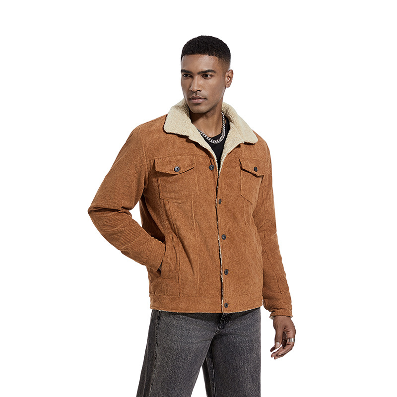 Men's Pocket Stand Collar Plush And Thickened Corduroy Jackets