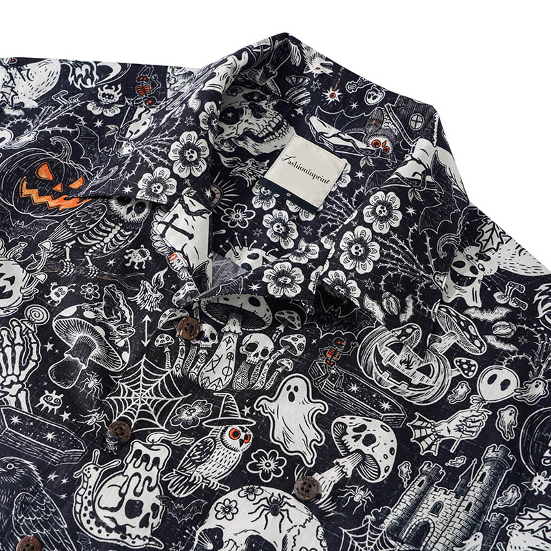 Men's Halloween Shirt Skull Hawaiian Shirt Short Sleeve Camp Collar 100% Cotton Black Halloween Bash