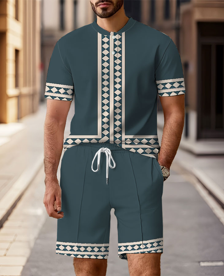 Men's Fashion Casual Round-Neck Geometric Printed Short-Sleeved Two-Piece Set