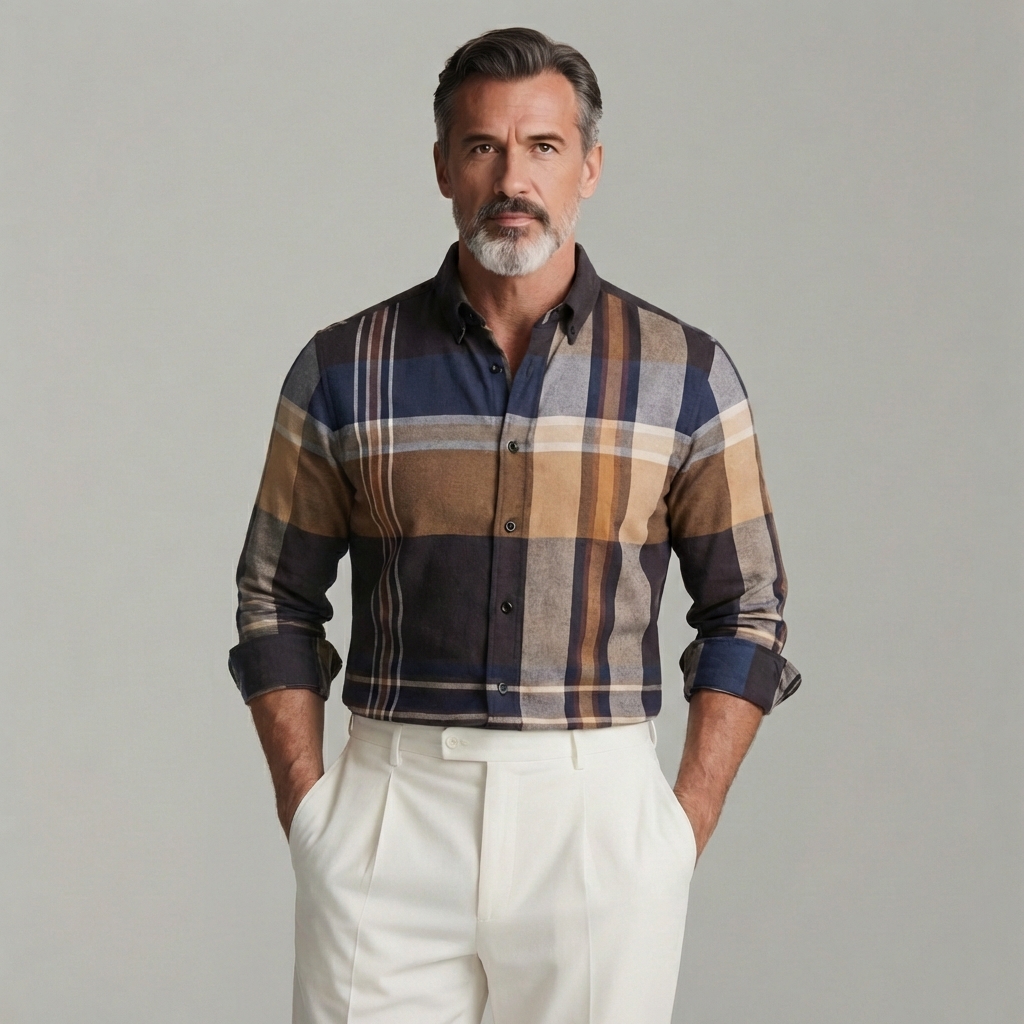 Men's Business Casual Plaid Shirt Collar Single Breasted Long Sleeve Shirts