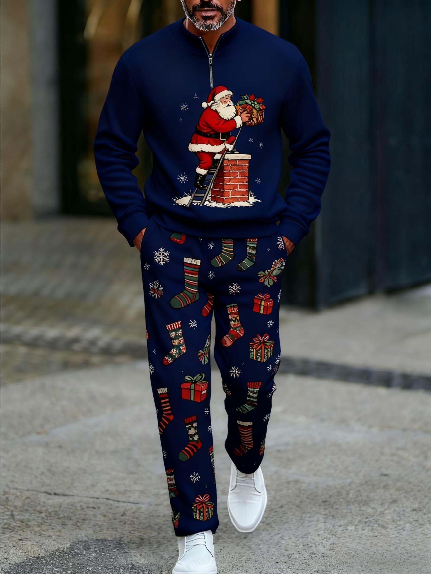 Men's Christmas Printed Round-Neck Zipper Long Sleeved Trousers Two-Piece Set