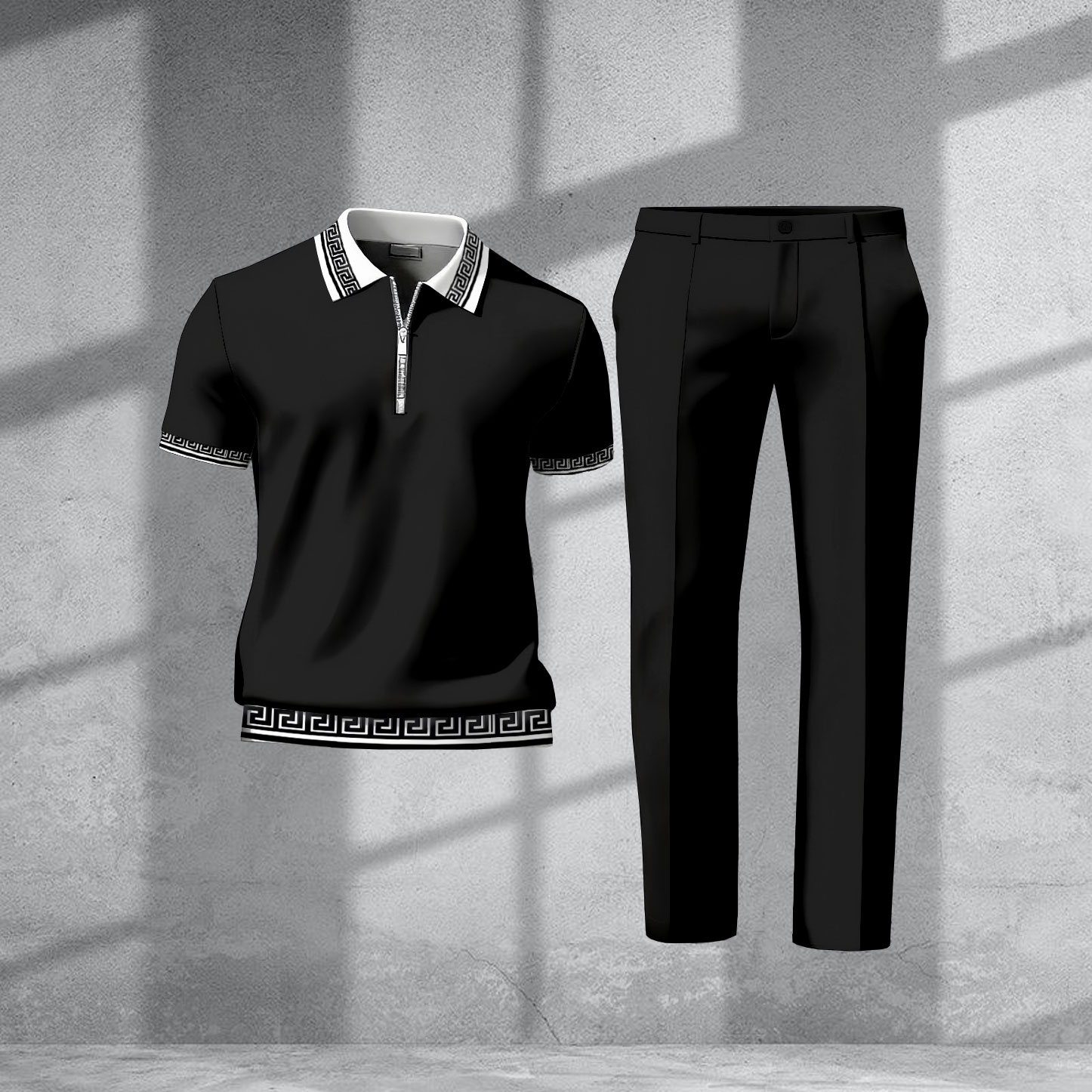 Men's Casual Black Color Matching Printed Zipper Short Sleeved Polo Shirt & Trousers Two-Piece Set