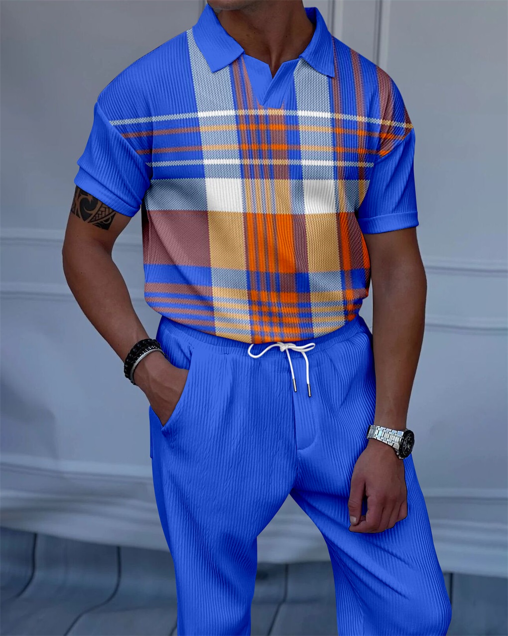 Men's Luxury Casual Textured Polo Short Sleeve Suit - 088