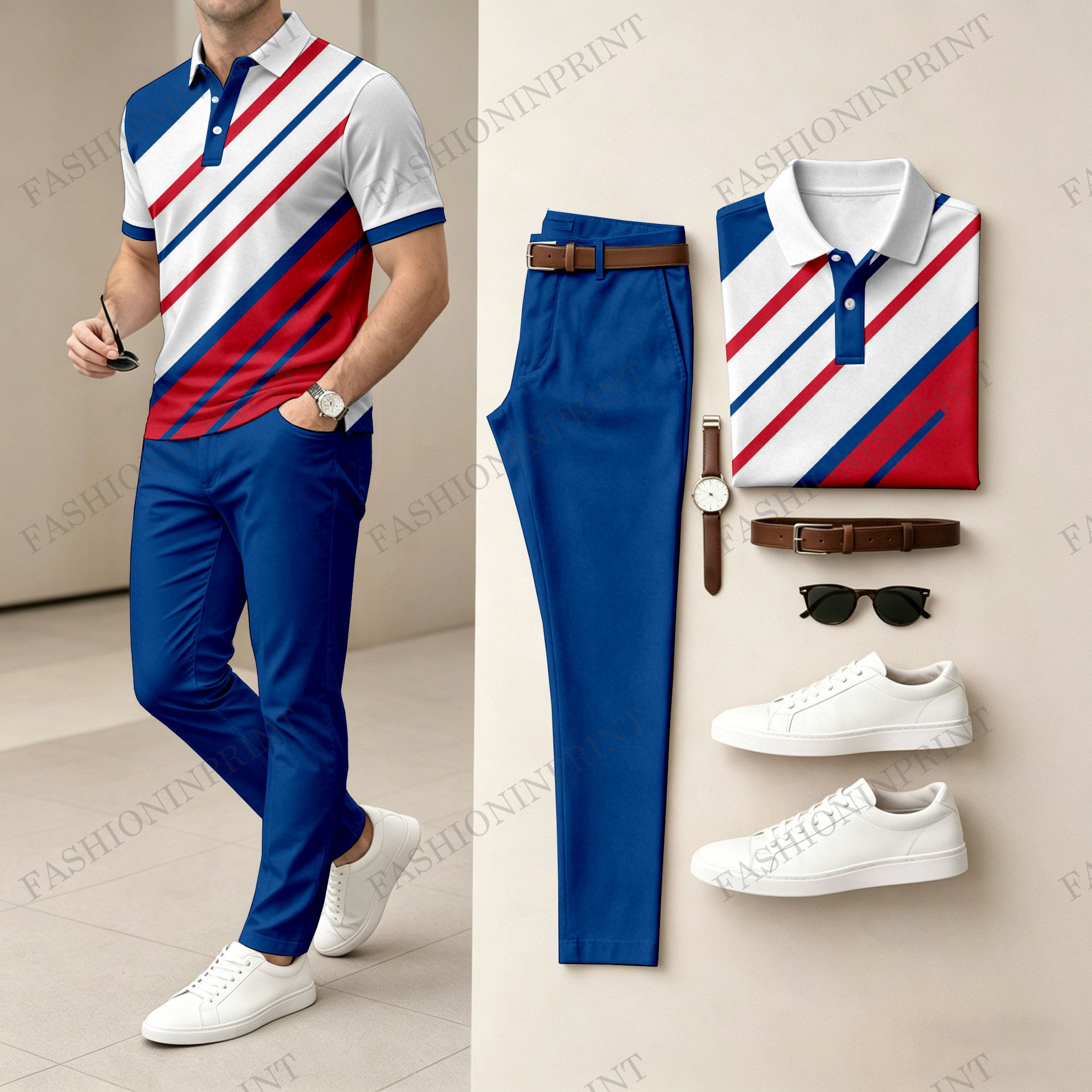 Men's Casual Black & White Twill Printed Polo Shirt And Pants Two-Piece Set
