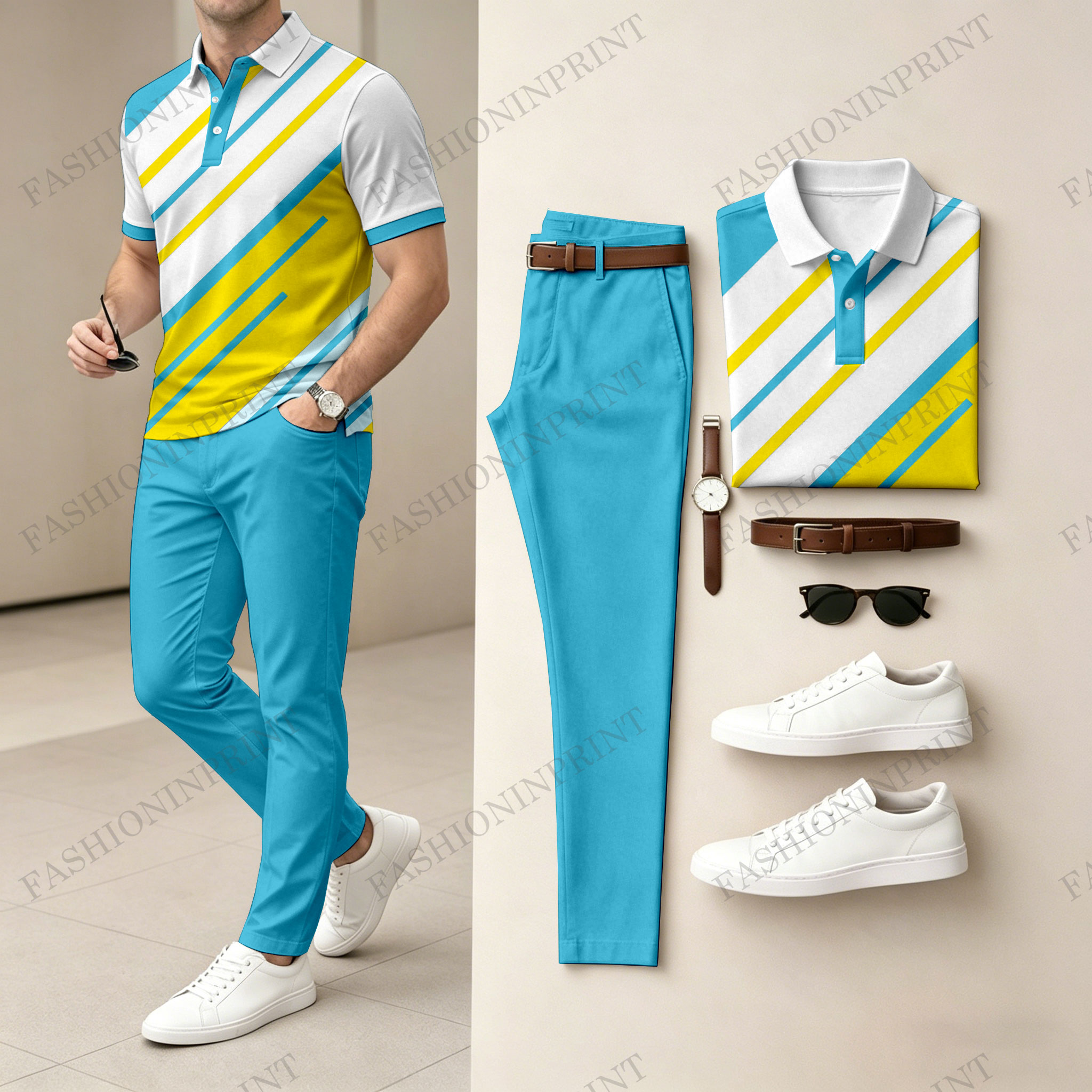 Men's Casual Black & White Twill Printed Polo Shirt And Pants Two-Piece Set