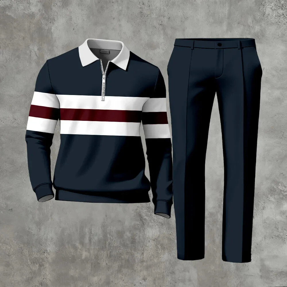 Men's Casual Color Matching Printed Polo-Collar Zipper Long Sleeved Trousers Two-Piece Set