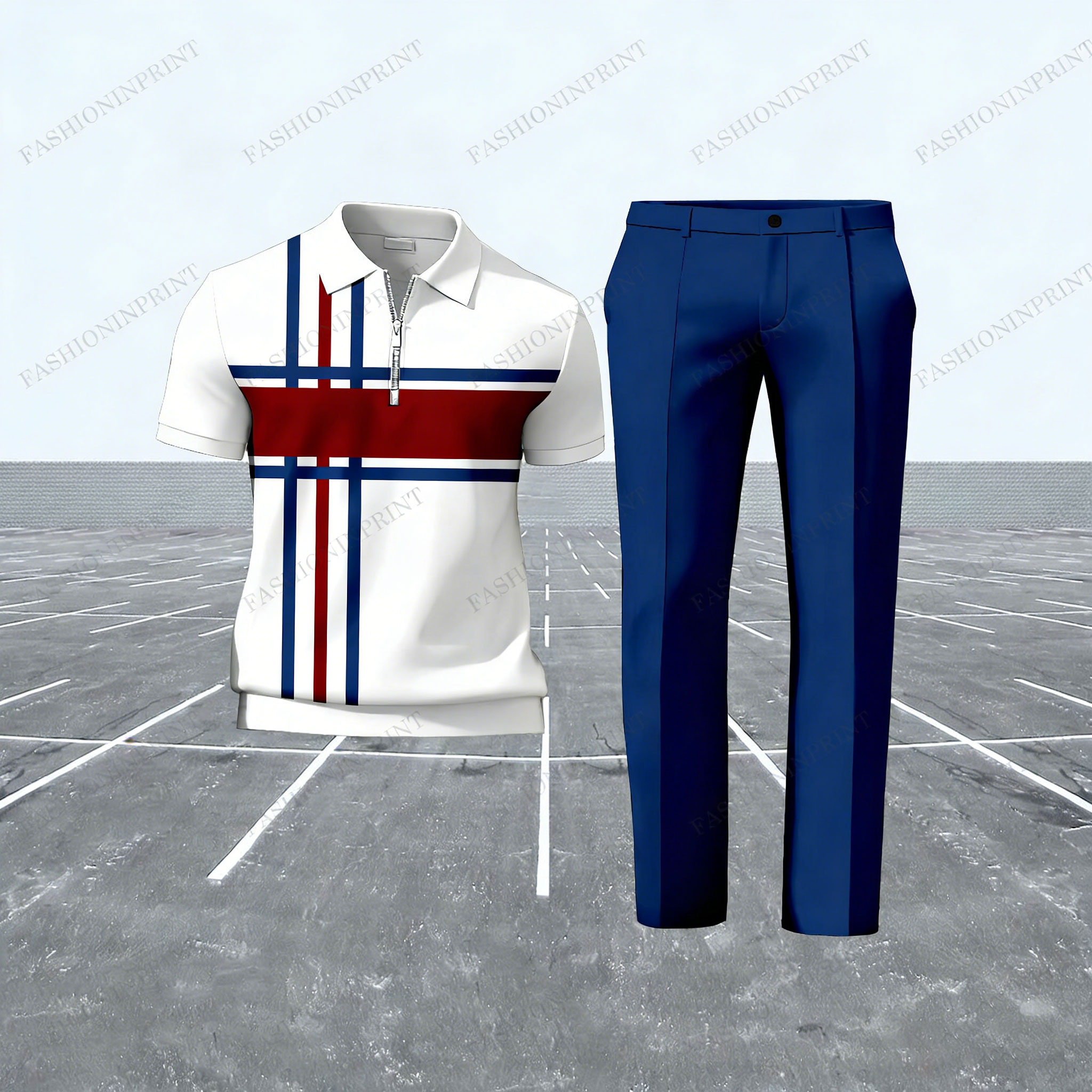 Men's Casual Color Matching Cross Stripes Printed Short Sleeved Polo Shirt & Trousers Two-Piece Set