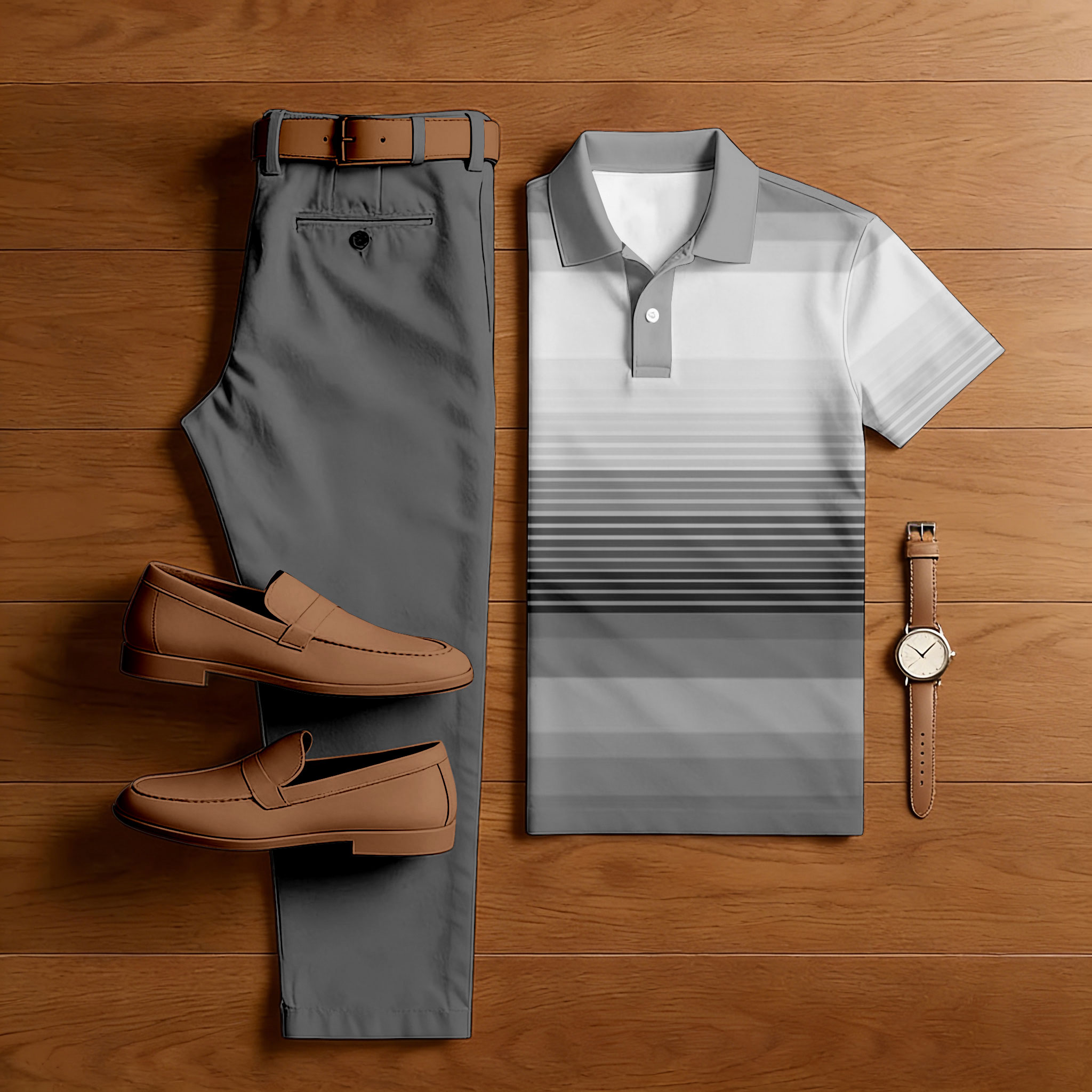 Men's Casual Gradien Gray Color Matching Striped Printed Short Sleeved Polo Shirt & Trousers Two-Piece Set