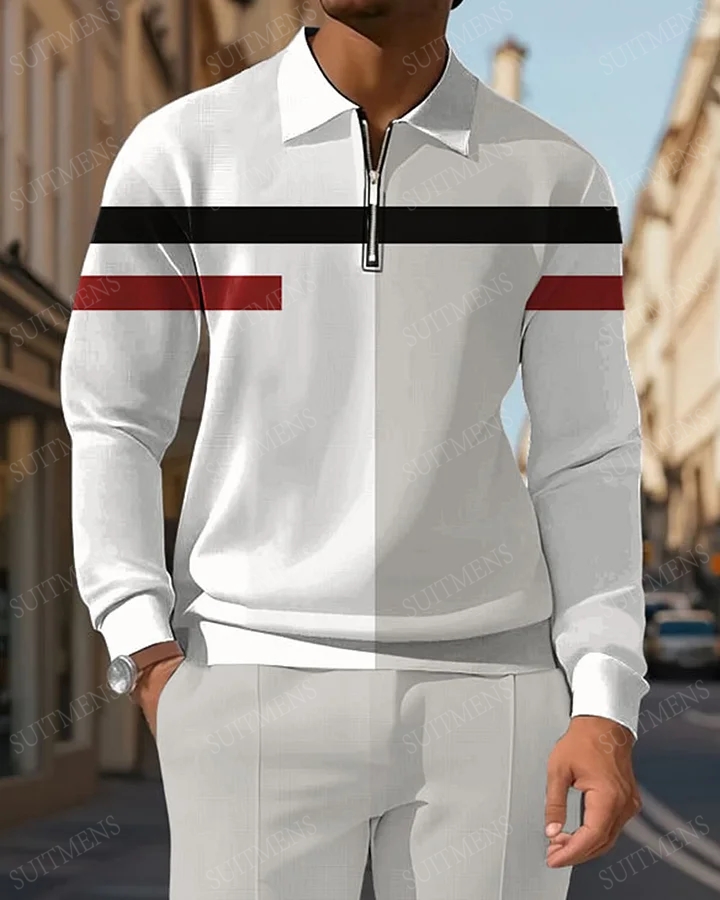 Men's Apricot Stripe Printed POLO Long Sleeve Trousers Two-Piece Set