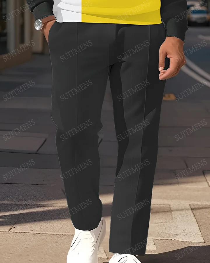 Men's Simple Yellow White Black Geometric Squares Printed POLO Long-sleeved Trousers Two-piece Set