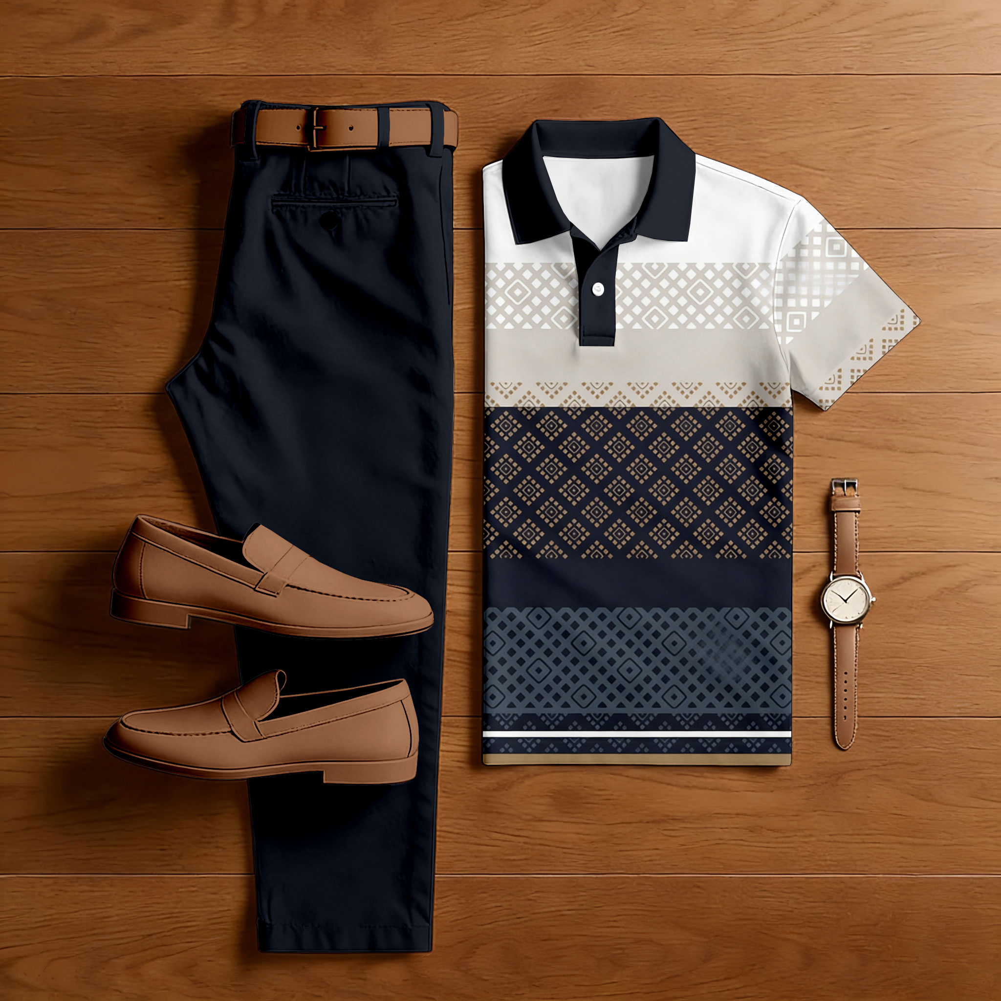 Men's Casual Navy Blue & Multi Color Matching Retro Printed Short Sleeved Polo Shirt & Trousers Two-Piece Set