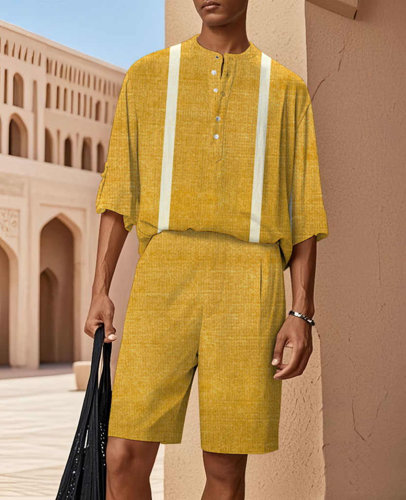 Business Casual Loose Short Sleeve Henley Collar Shirt And Elastic Waist Straight Leg Shorts Set
