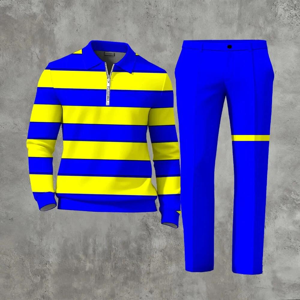 Men's Casual Color Matching Printed Polo-Collar Zipper Long Sleeved Trousers Two-Piece Set