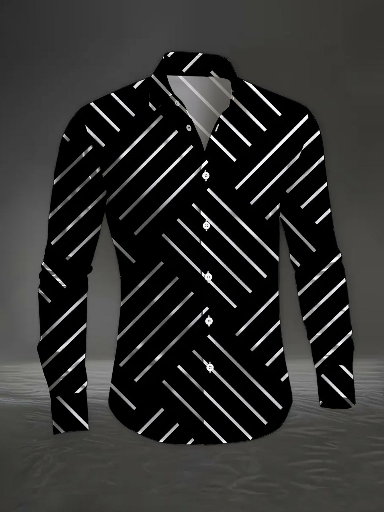 Men's Casual Black & White Color Matching Striped Print Long-Sleeve Shirt