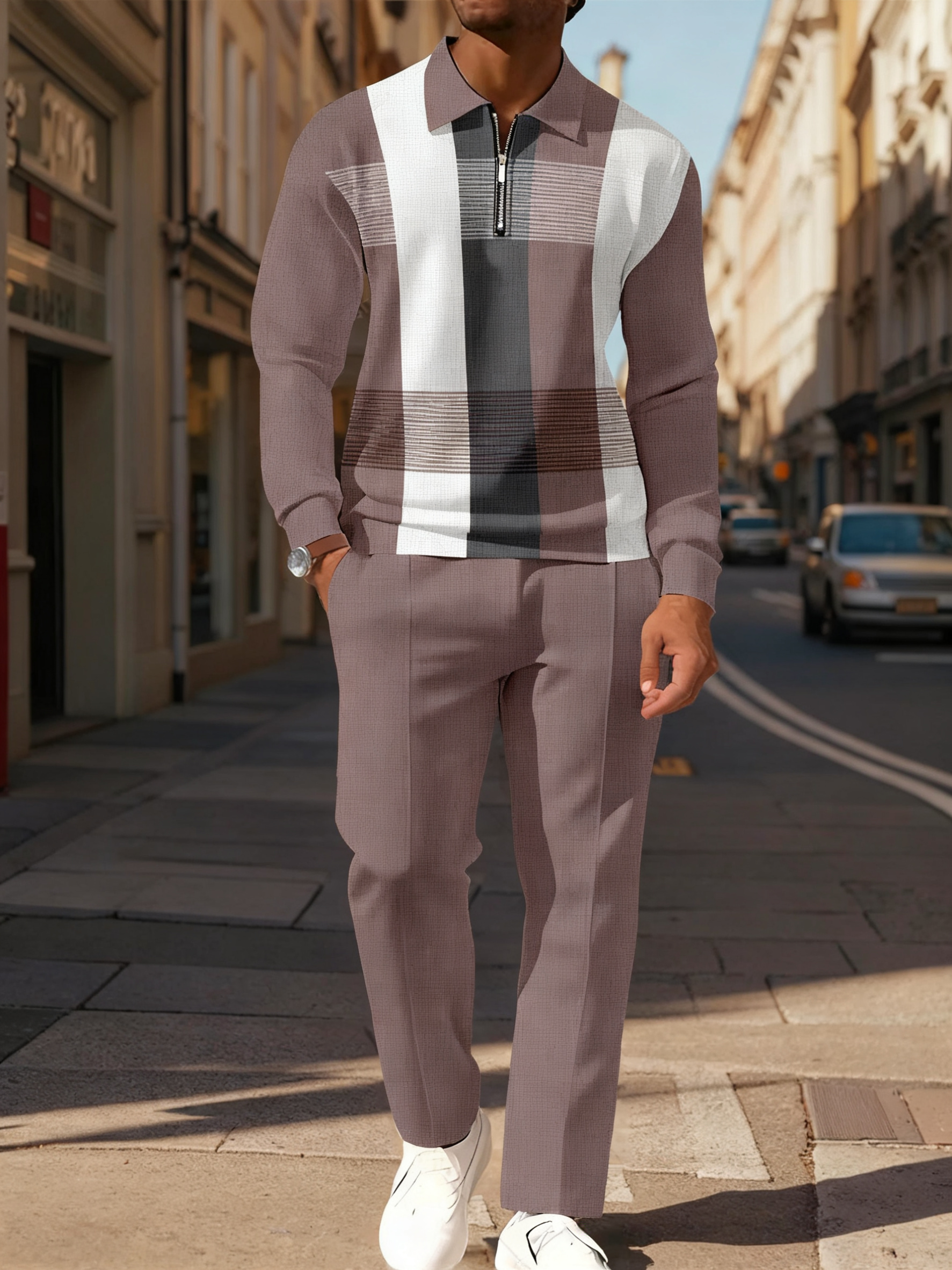 Men's Casual Colorblock Personalized Long Sleeve Polo Shirt Set 116