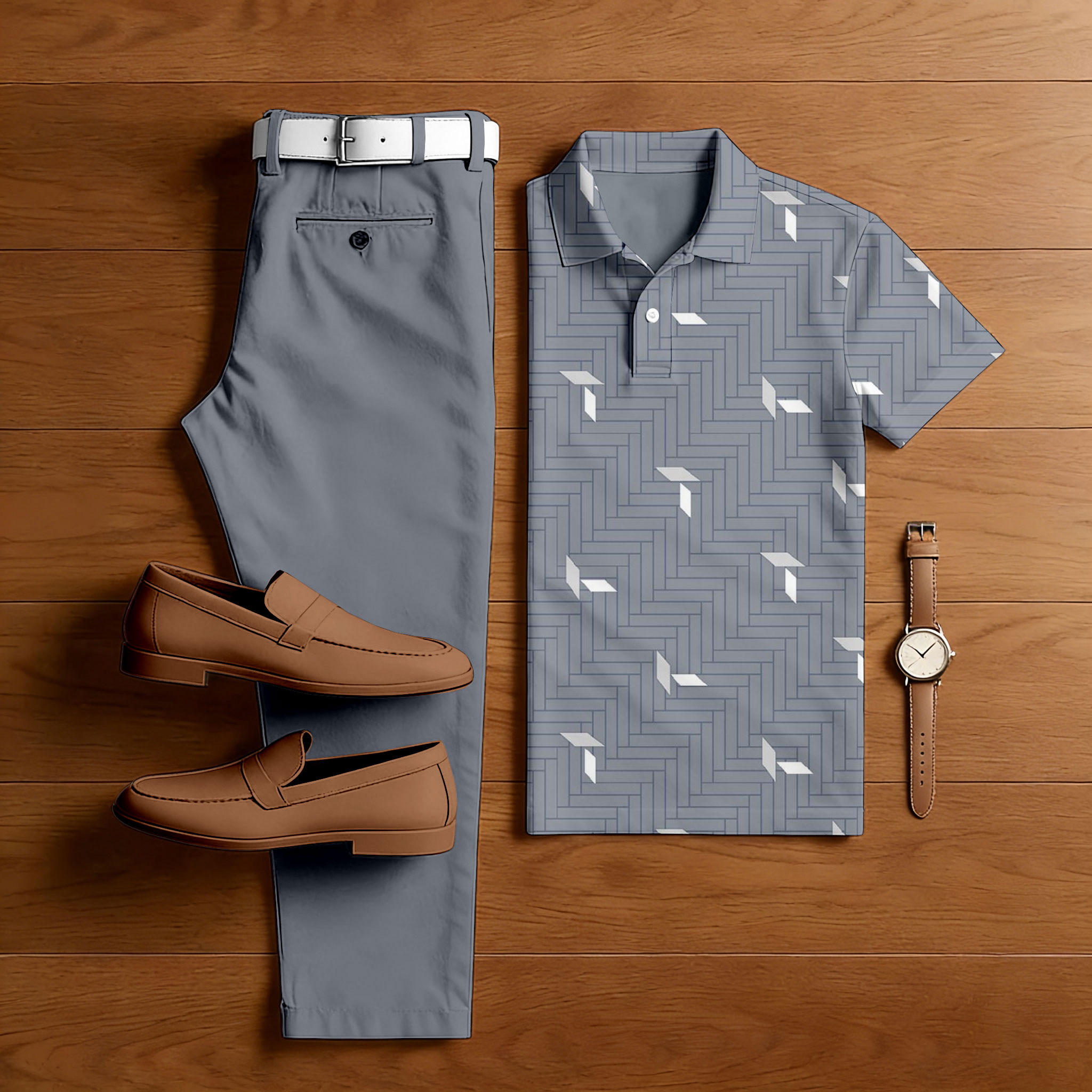 Men's Casual Gray Color Matching Printed Short Sleeved Polo Shirt & Trousers Two-Piece Set