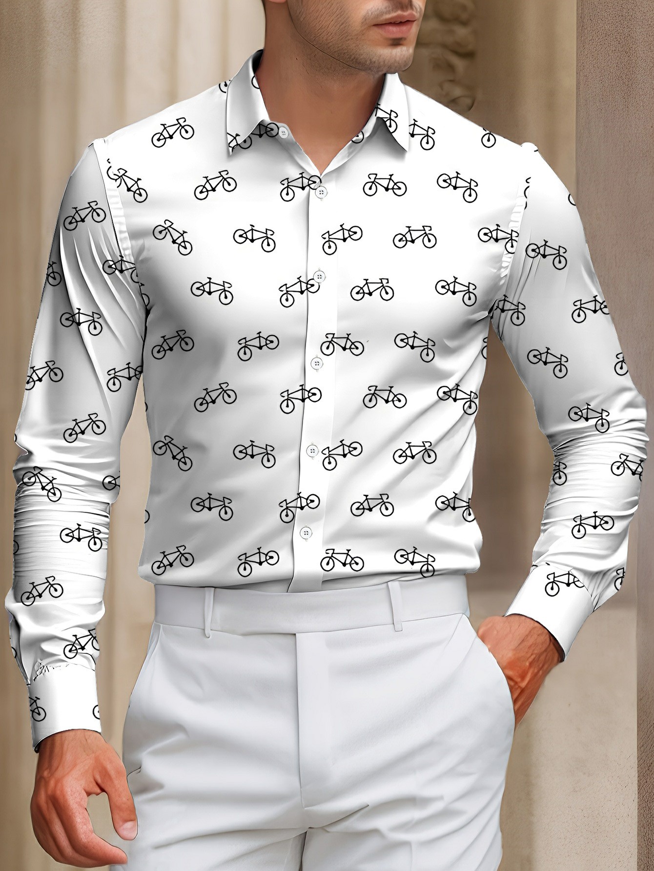 Men's Casual White & Black Bike Color Matching Print Long-Sleeve Shirt