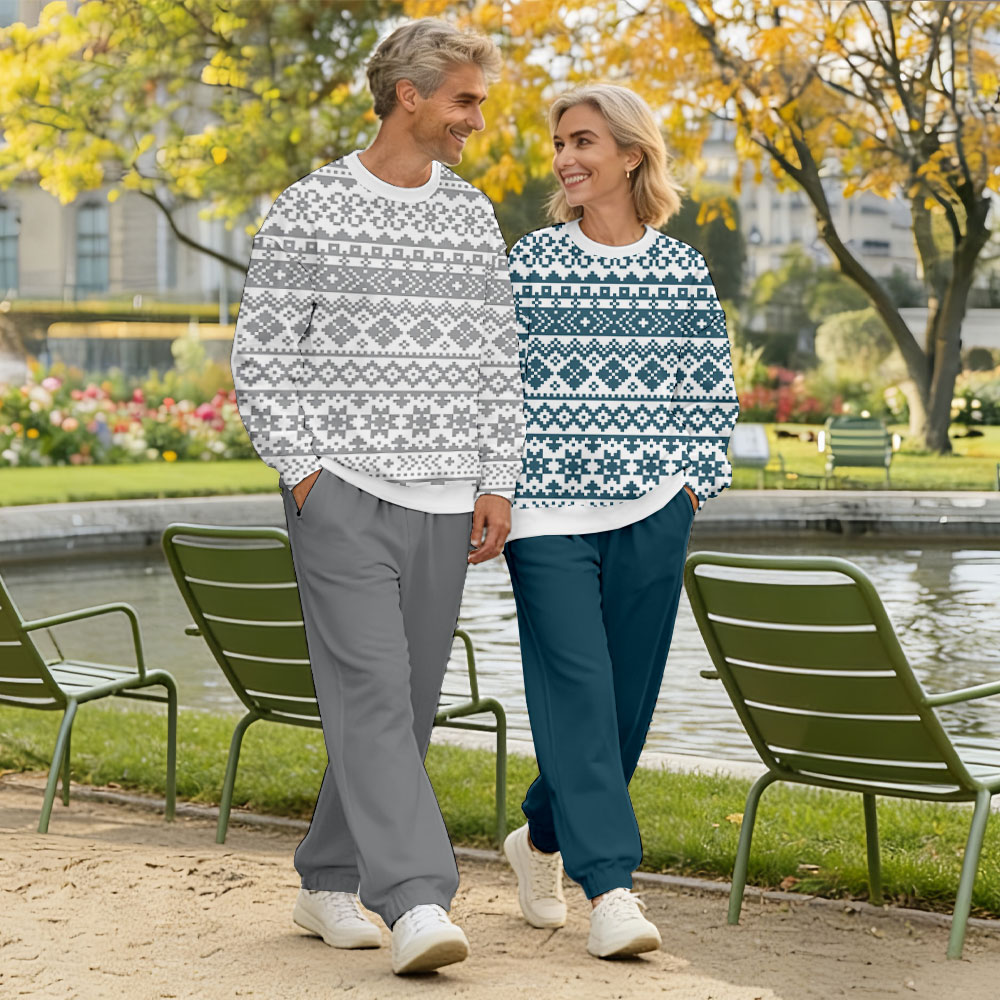 Valentine's Day Green & Gray Color Matching Vintage Printed Long Sleeved Sweatshirt & Sweatpant Two-Piece Set