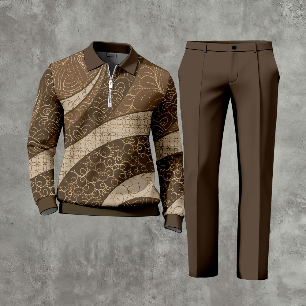 Men's Casual Color Matching Printed Polo-Collar Zipper Long Sleeved Trousers Two-Piece Set