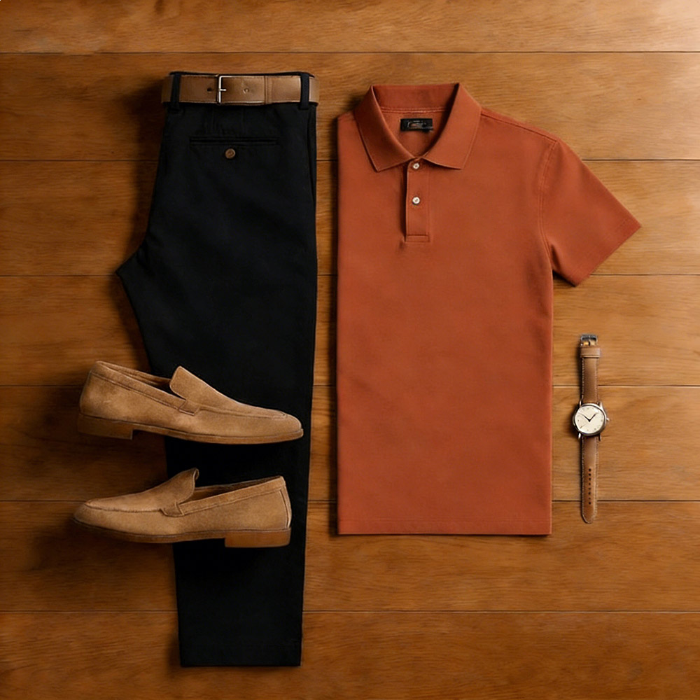 Men's Casual Red Brown & Black Solid Color Matching Sport Short Sleeved Polo Shirt & Trousers Two-Piece Set