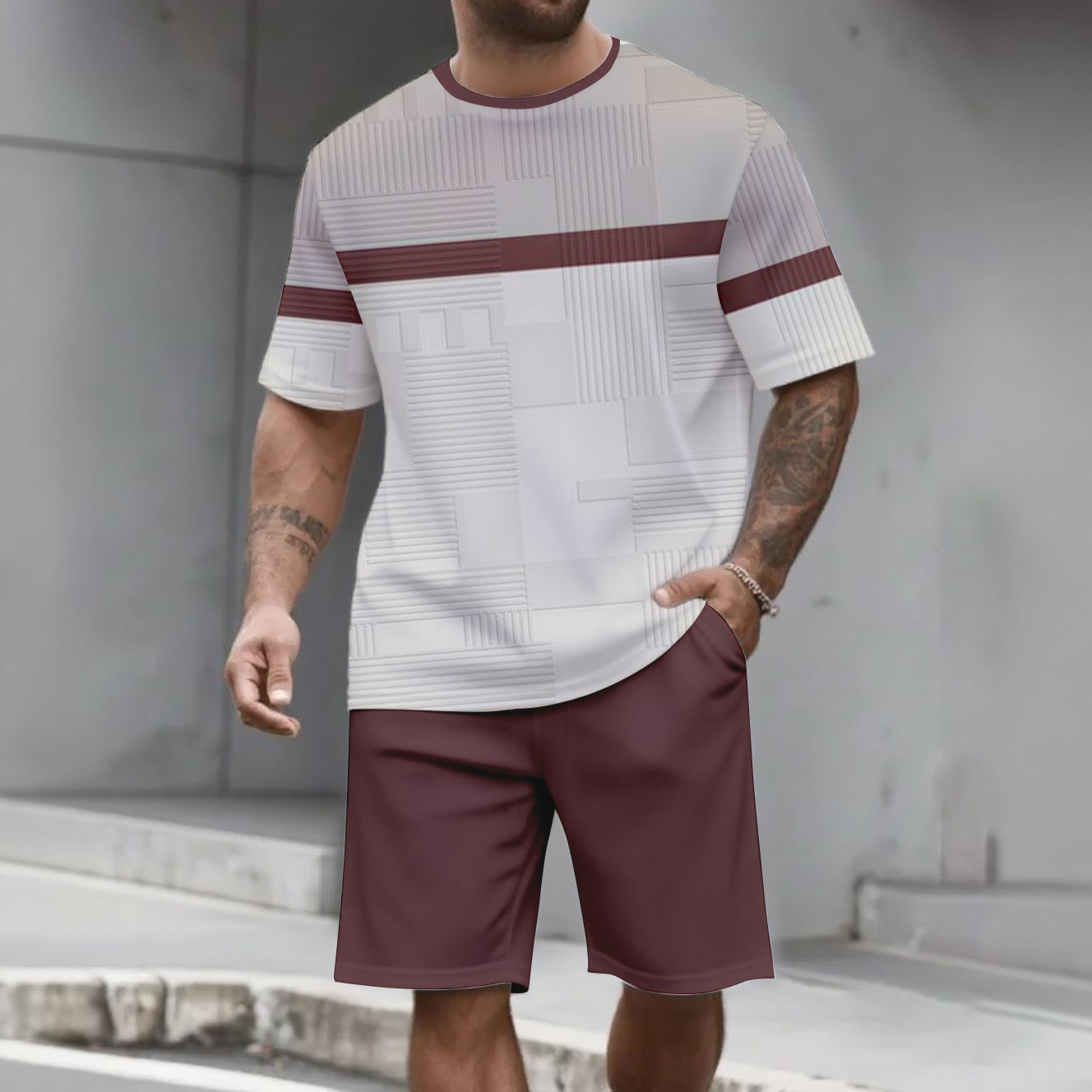 Men's Fashion Casual Color Matching Printed Short-Sleeved Two-Piece Set