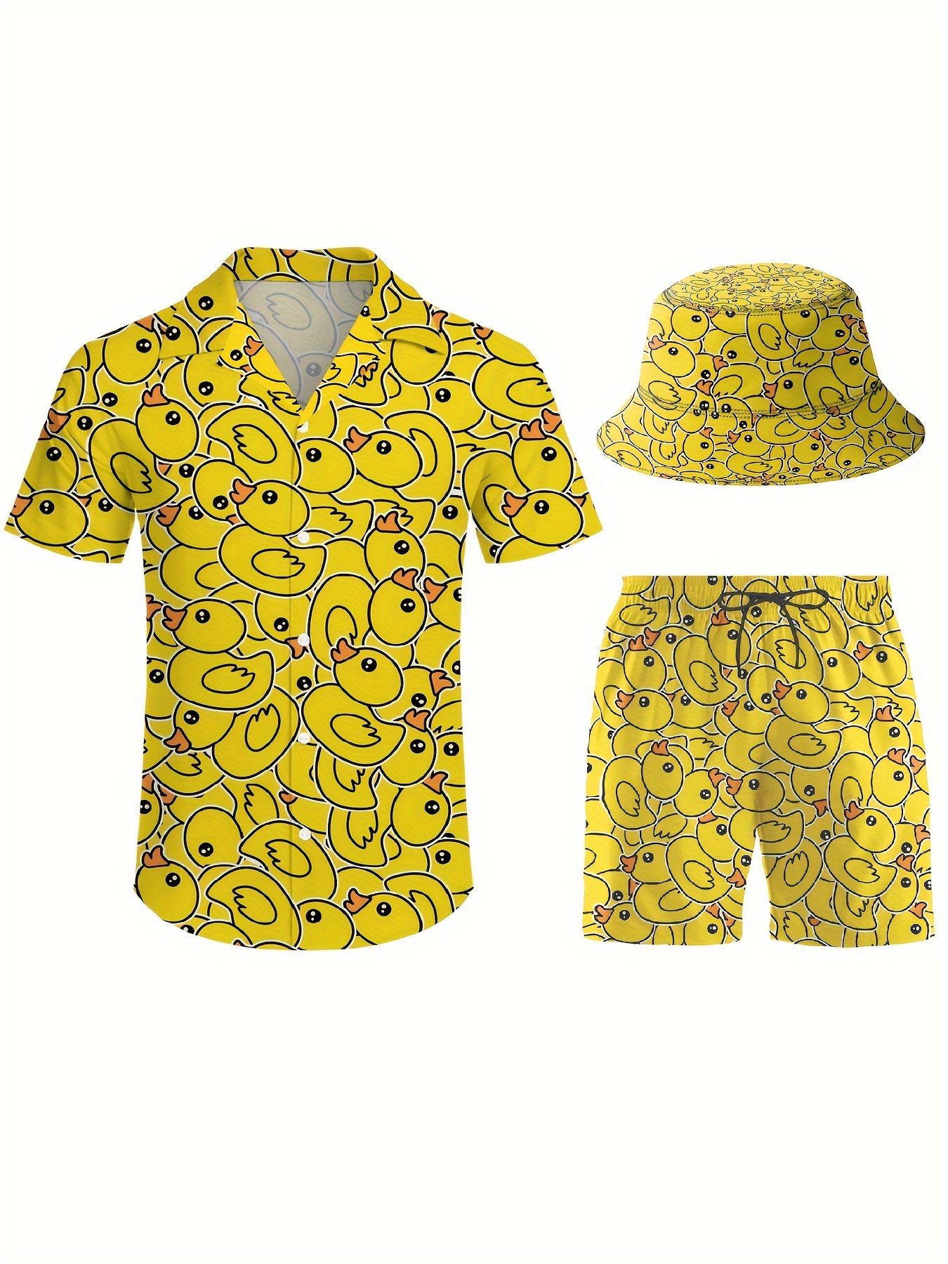 3pcs Men's Hawaiian Yellow Duck Printed Short Sleeves Shirt & Short & Fisherman's Hat