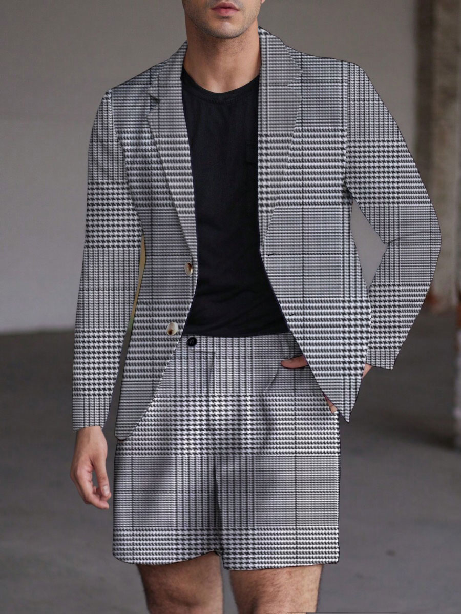 Men's Fashion Business Casual Geometric Printed Lapel Collar Long-Sleeved Two-Piece Suits