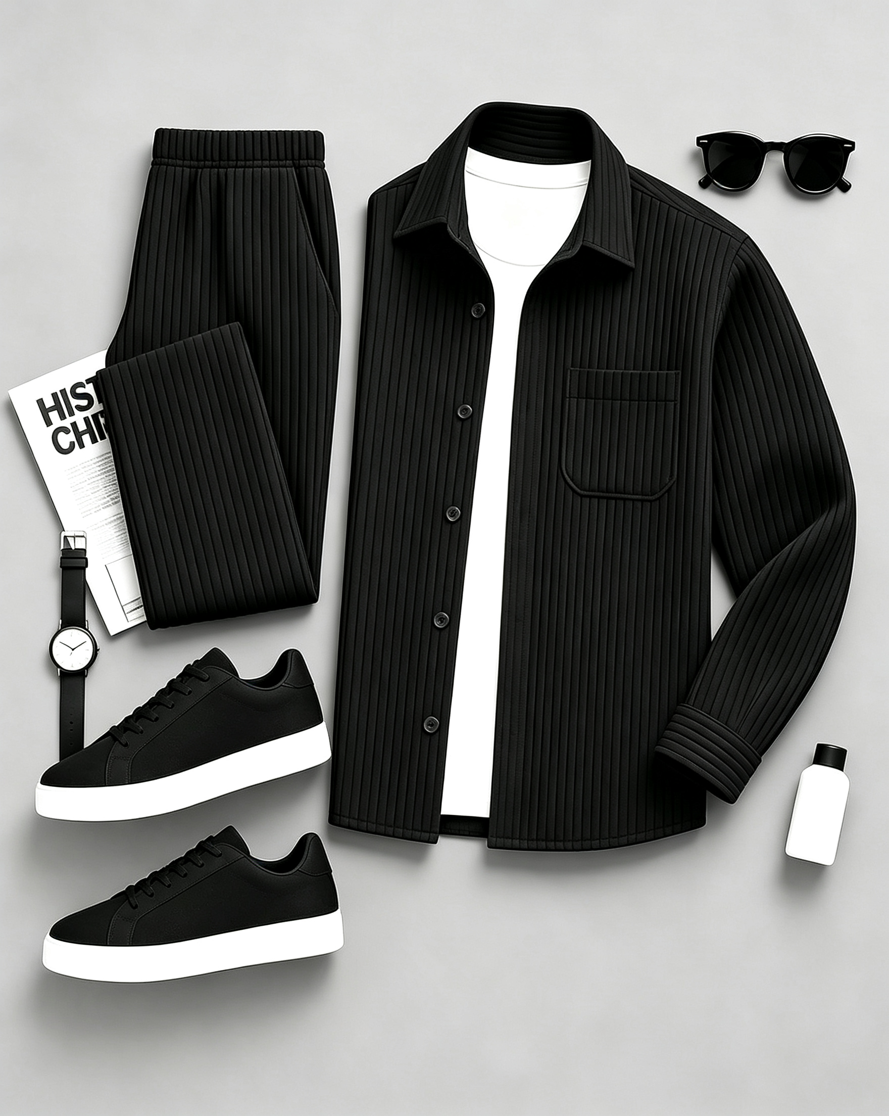 Men's Long-Sleeve Shirt and Pants Set with Subtle Patterns