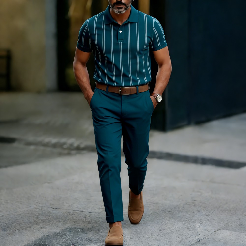 Men's Casual Dark Green Color Matching Striped Printed Short Sleeved Polo Shirt & Trousers Two-Piece Set