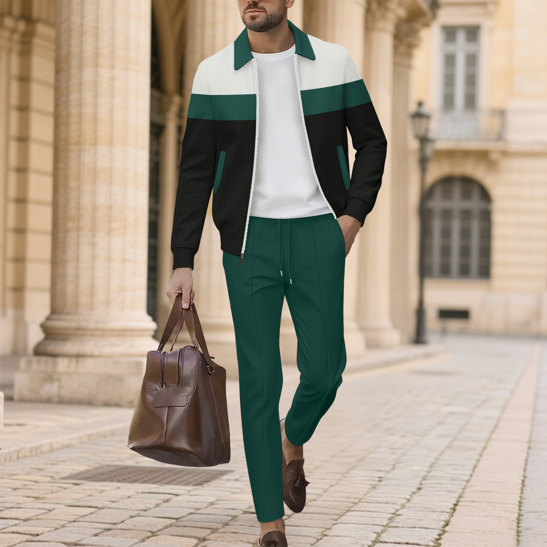 Men's Casual Color Matching Lapel-Collar Zipper Long Sleeved Jacket & Trousers Two-Piece Set