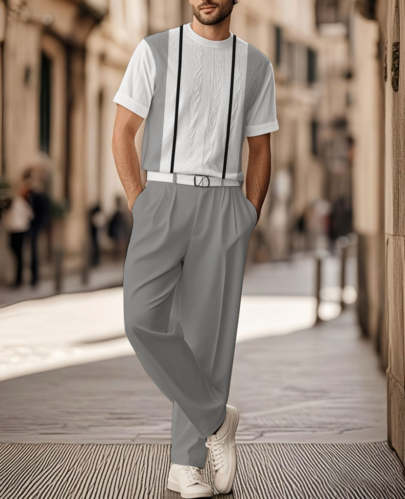 Men's Knitted Thread Flower Crew Neck Short Sleeve T-Shirt And Straight Leg Pants Set
