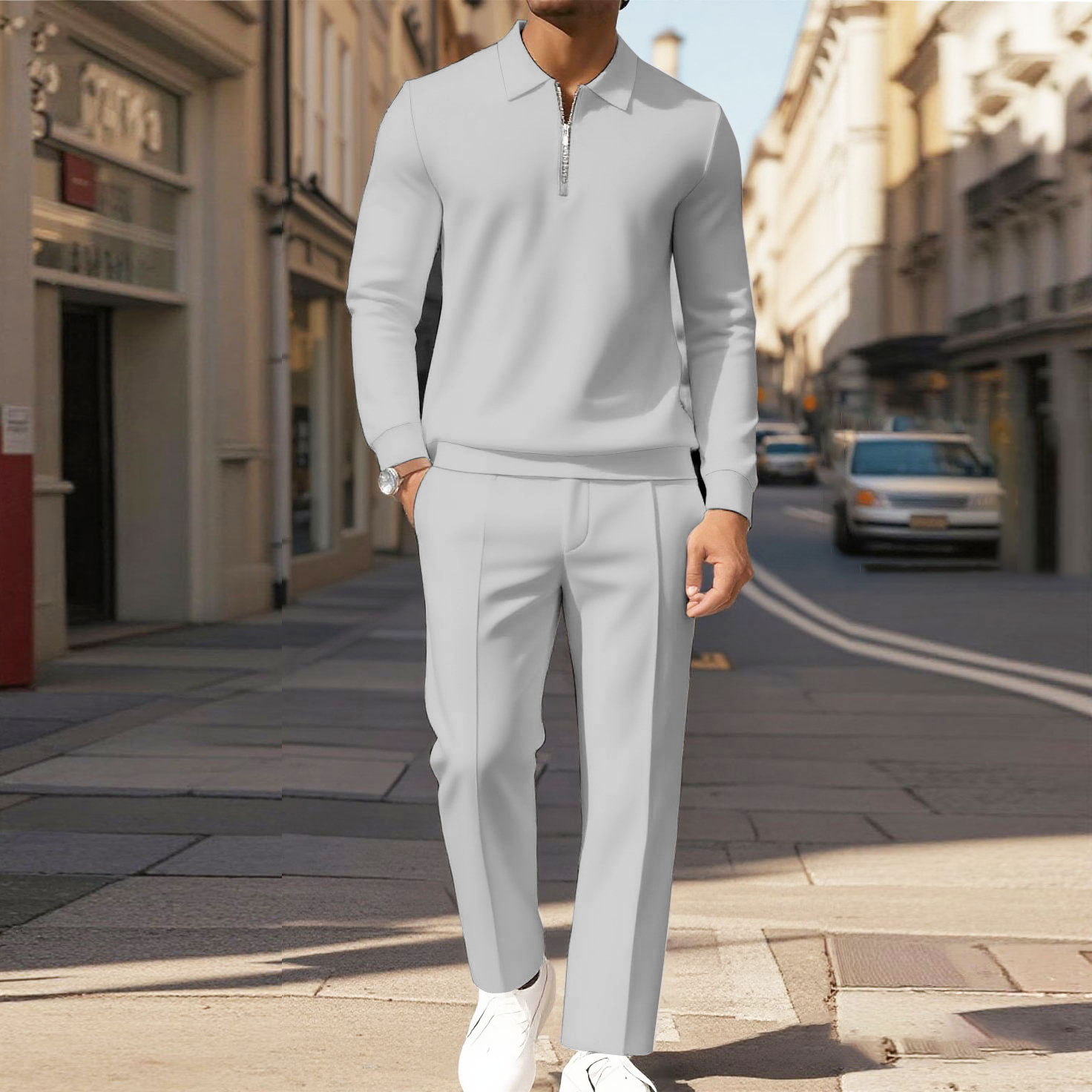 Men's Casual Solid Color Polo-Collar Zipper Long Sleeved Trousers Two-Piece Set 9191