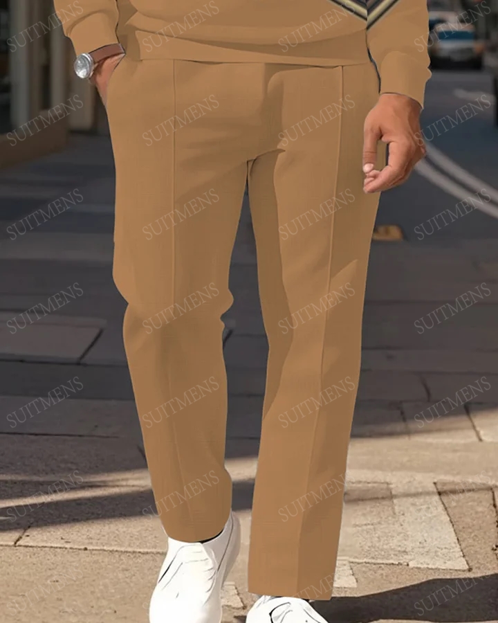 Men's Simple Khaki Army Green Black Color Block Printed POLO Long-sleeved Trousers Two-piece Set